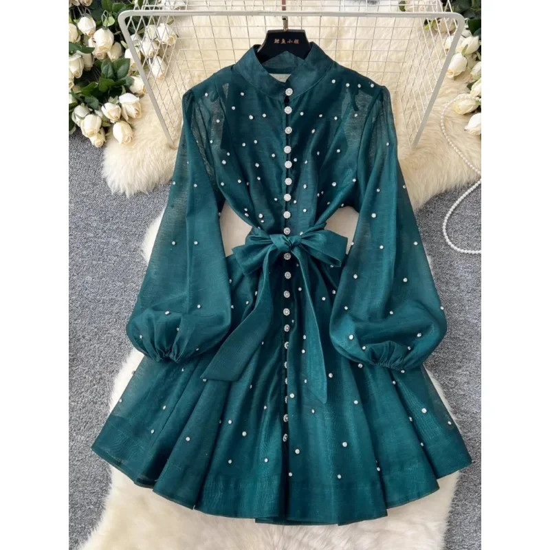 Heavy-duty Diamond-encrusted Lantern Sleeve Dress for Women  New Fashion Tight Waist Single-breasted Party Dress Ladies Elegant