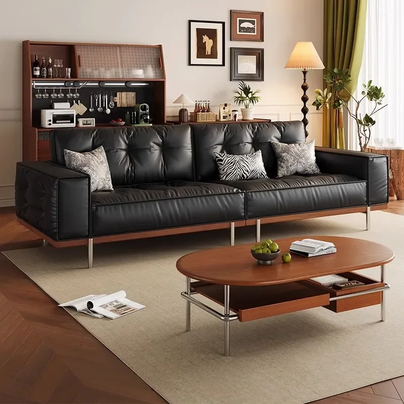 Italian Retro First Layer Leather Sofa Living Room 2025 New Straight Row Small Apartment Three Or Four Seater Black Antique