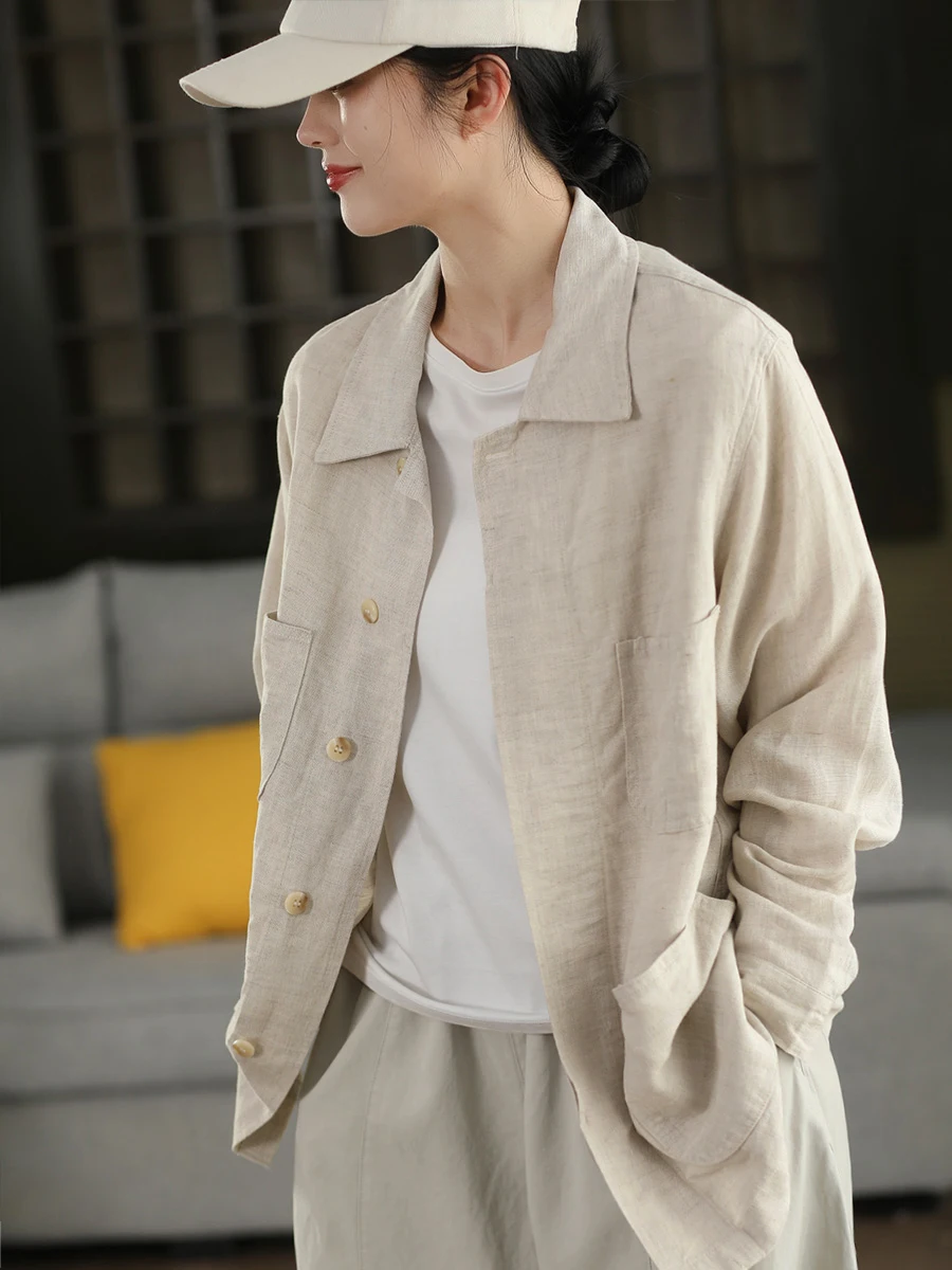 

Casual Linen Shirt Jacket Women's Long Sleeve Mid-Length Outerwear Casual Style Multi-Pocket Workwear Open Cardigan Top
