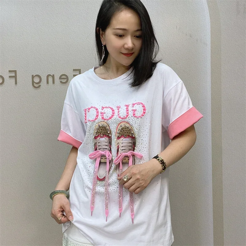 Fashion Printed T Shirts for Women Summer Clothes Casual Letter Diamonds Beading Female Short Sleeve Tops Tee Camisetas Mujer