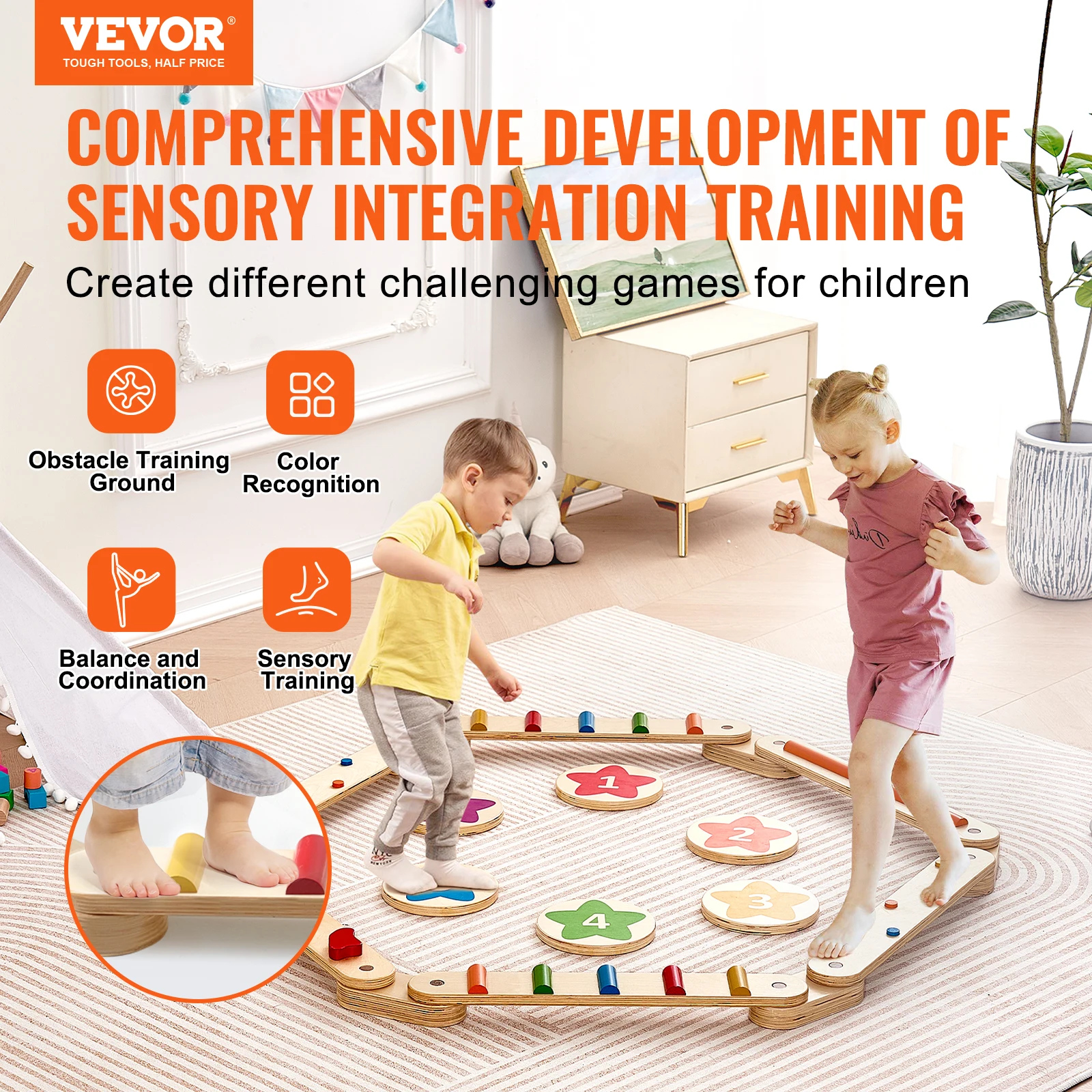 VEVOR 6 PCS Balance Beam Stepping Stones Indoor Outdoor Wooden Toddler Balance Boards for Kids 2-6 Children Montessori Toy