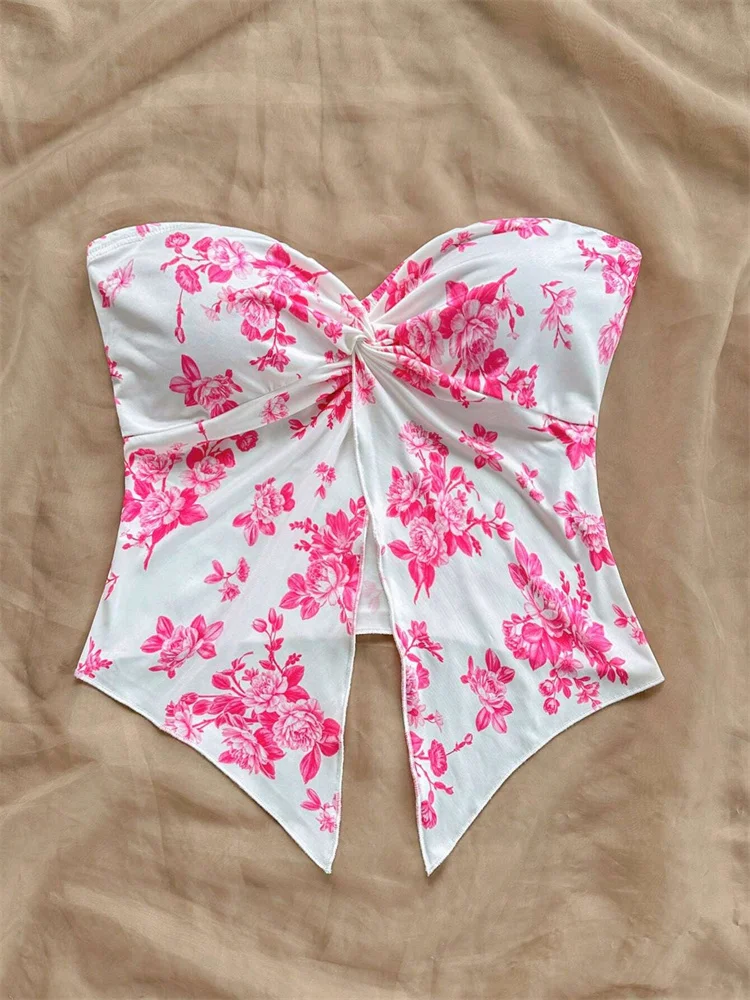 الأزهار طباعة تويست عقدة المحاصيل الأعلى للنساء الصيف مثير قبالة الكتف Ruched صديرية دائرية تانك القمم الشارع الشهير Y2K الملابس #6
