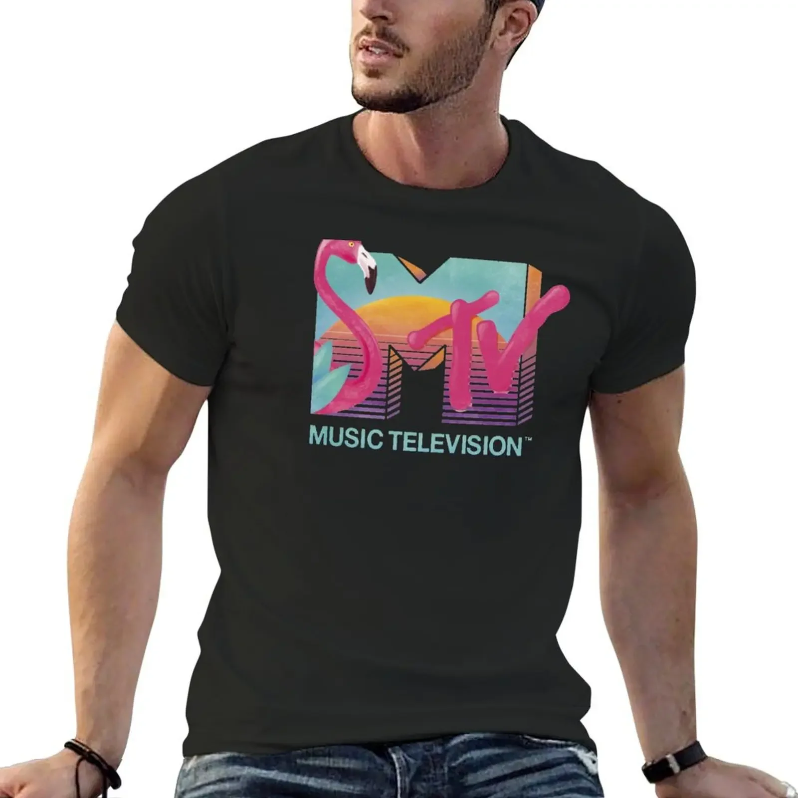 MTV Retro Flamingo Sunset Logo Fill T-Shirt kawaii clothes essential t shirt funny t shirts men