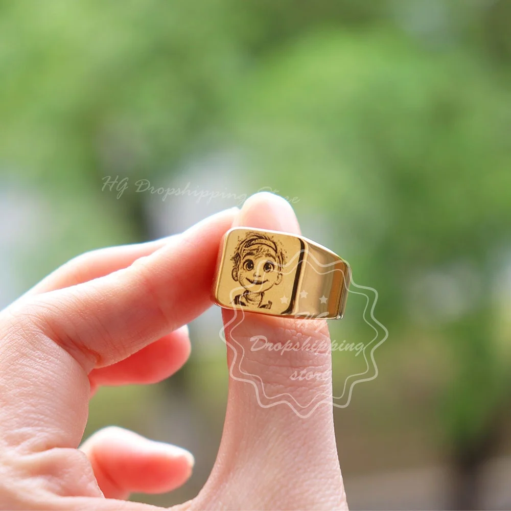 Custom Mens Stainless Steel Small Size Ring Engraved Photo Logo Letter Fashion Gold Silver Color  Jewelry for Party Accessories