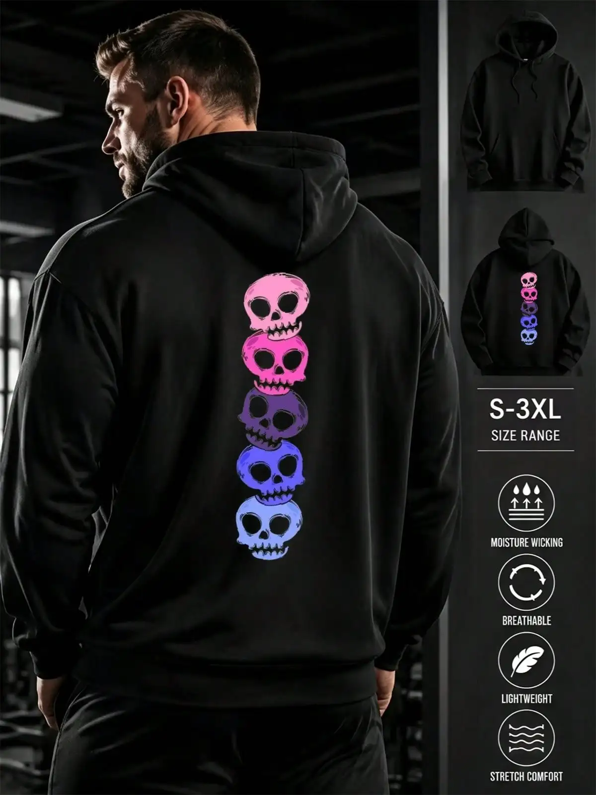 Mens Casual Simple Drawstring Hoodies, Colorful Stacked Skulls Back Print, Long Sleeve Sweatshirt Pullover With Pocket