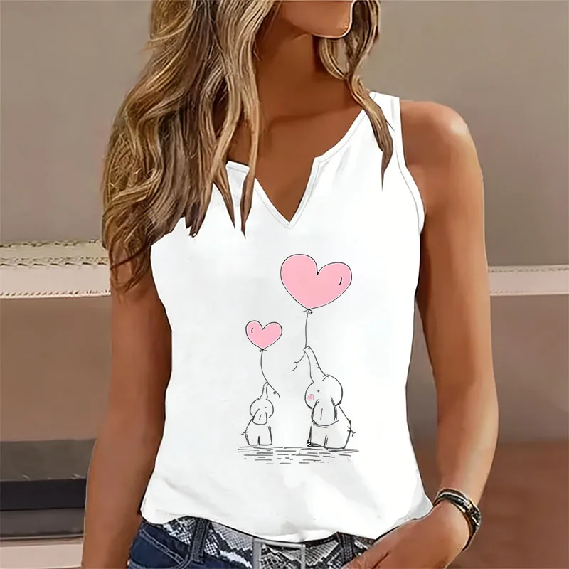 Funny Elephant Love Tank Top T-shirt V Neck Casual Fashion Sleeveless Vest T Shirts Women Cute Animal Tee Shirt V-Neck