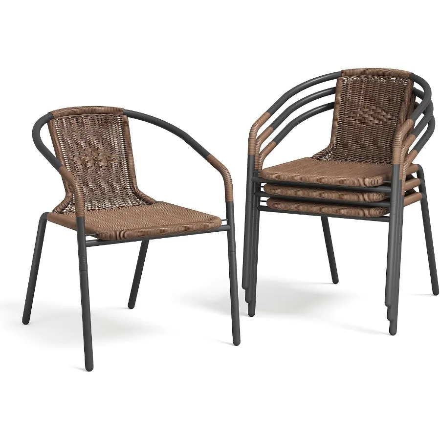 Set of 4 Stackable Rattan Dining Chairs with Curved Back & Powder-Coated Steel Frame for Indoor Outdoor Use, Easy Assembly