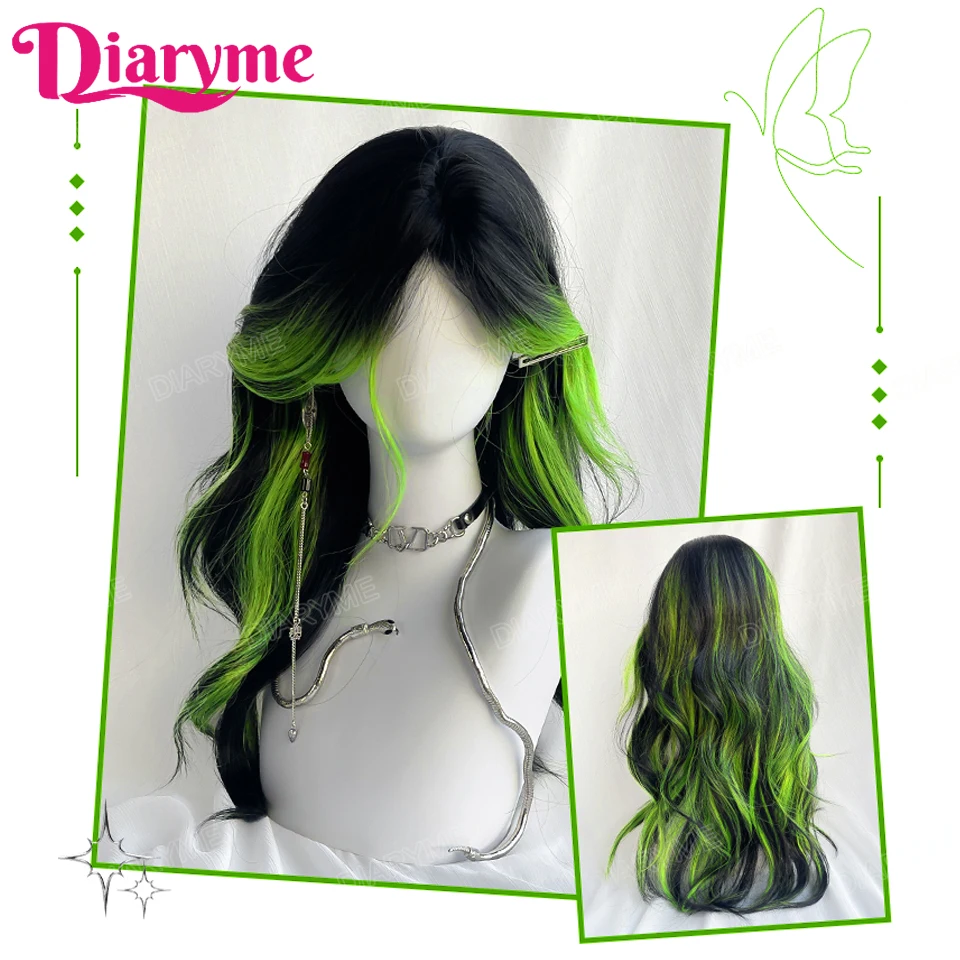 Wig rambut hijau highlight hitam sintetis untuk wanita wig Cosplay Lolita panjang bergelombang untuk wanita wig hijau wanita modis