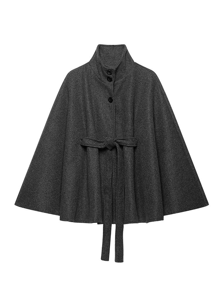 TFMLN Women Woolen Cloak Coats With Belt 2026 Autumn Stand Collar Button Long Sleeve Jacket Female Street Chic Outerwear