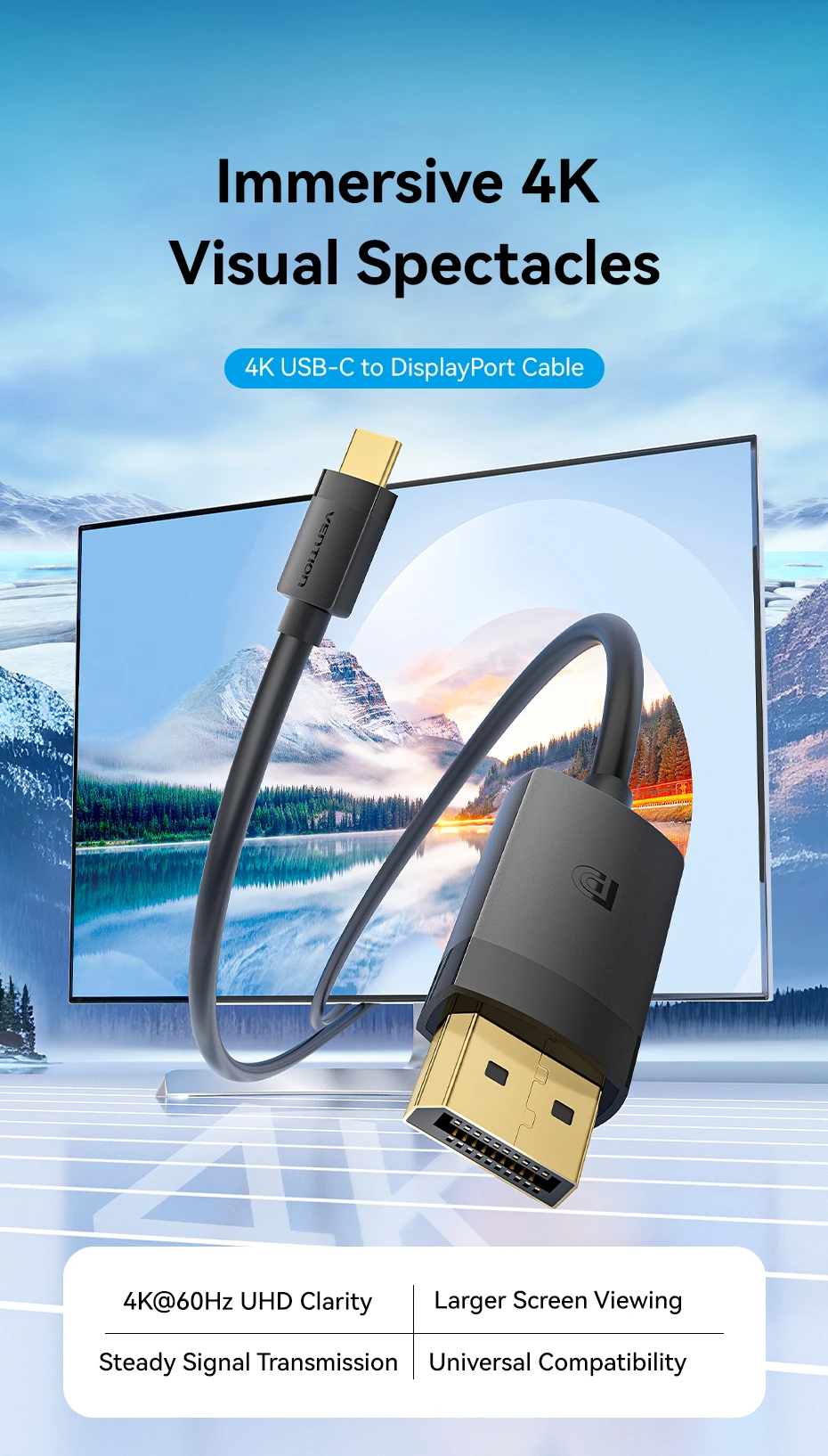 Vention 4K USB C auf DP Kabel USB Typ C auf 8K/60Hz DisplayPort Kabel für iPhone Tablet PC Monitor Laptop HDCP HDR DP Kabel – Detail 1
