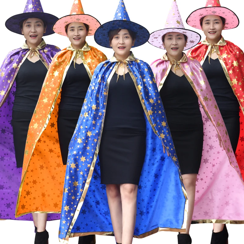 Halloween Cloak Cape with Pointy Hat Glittering Stars 6 Colours Halloween Event Dress Up Trick or treating Cosplay Clothes