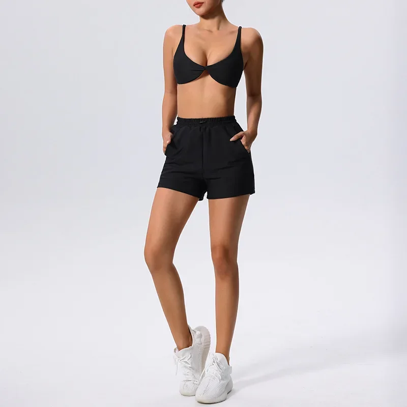 여성 두 조각 피트니스 요가 세트 솔리드 컬러 늑골이있는 패브릭 체육관 정장 통기성 빠른 건조 운동복 여성 운동복