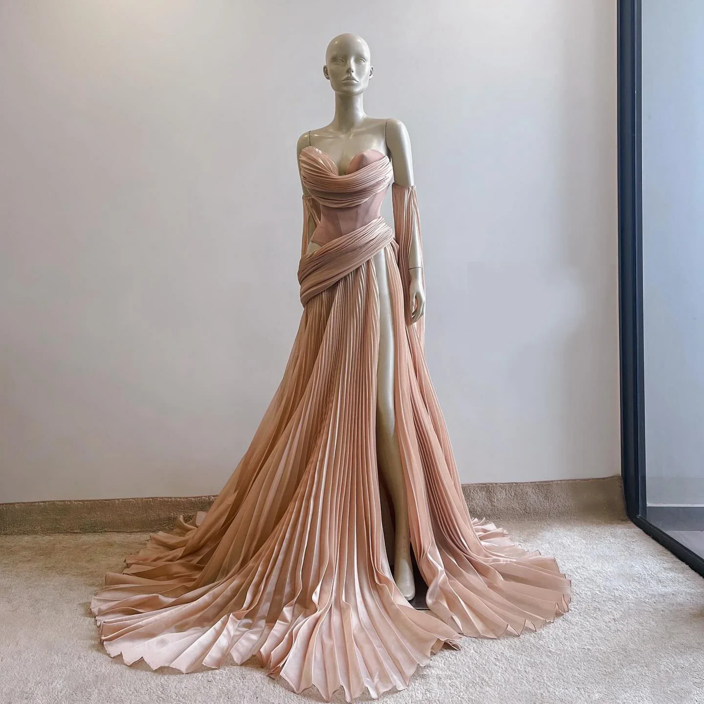 Vestidos de Noche largos plisados con abertura, mangas abullonadas desmontables, pliegues de imagen Real, Maxi vestidos de fiesta formales, nueva costura