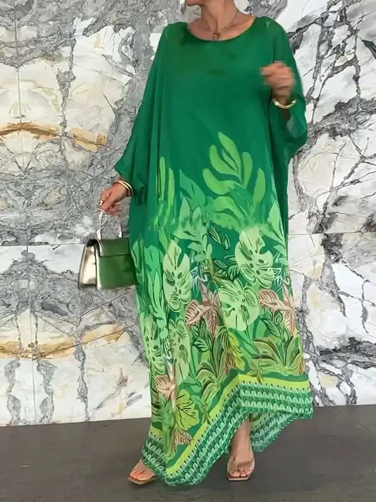 2025 Wrist Sleeve Print Patchwork Maxi Women O Neck Fashion Elegant Party Dress, Spring Autumn Simple Loose Ladies Dress