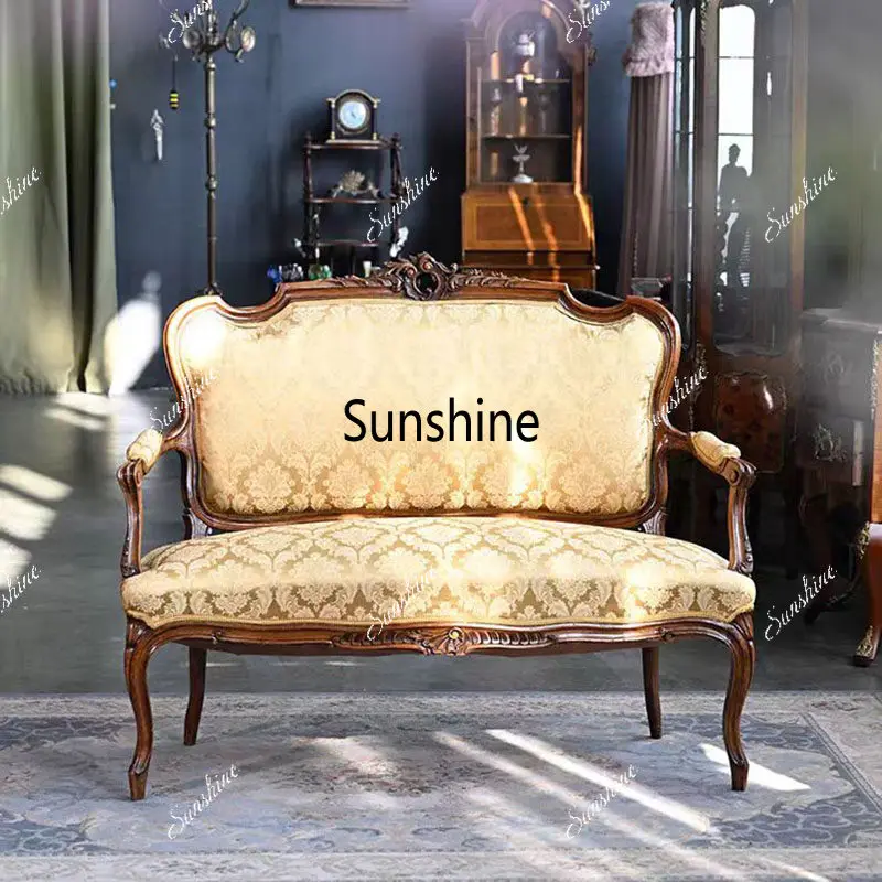 American retro solid wood sofa carved fabric casual backrest armchair