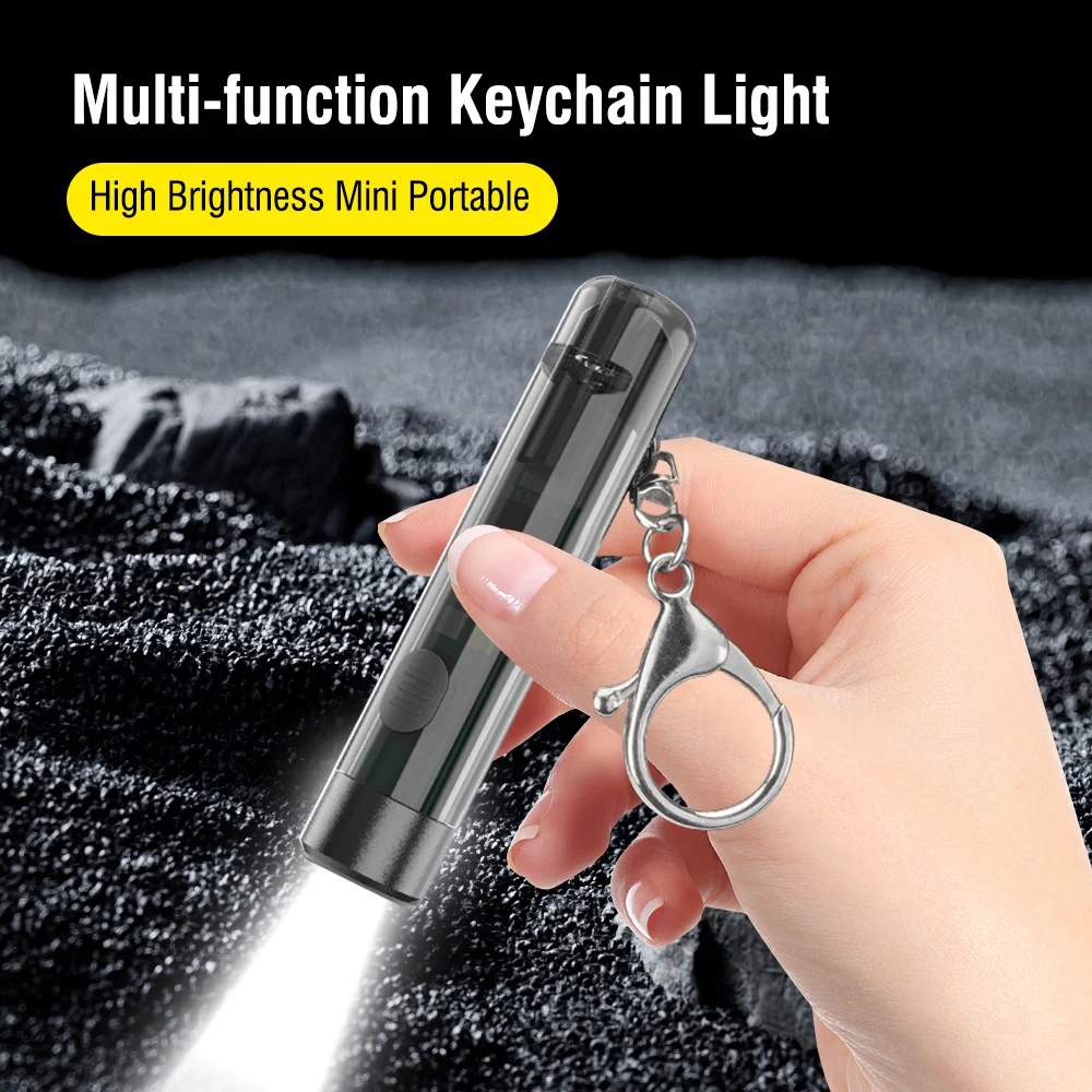 BORUiT Protable Mini LED Flashlight Keychain With Whistle Type-C Rechargeable Torch Camping Lantern Fishing Hand Light Uv Lamp