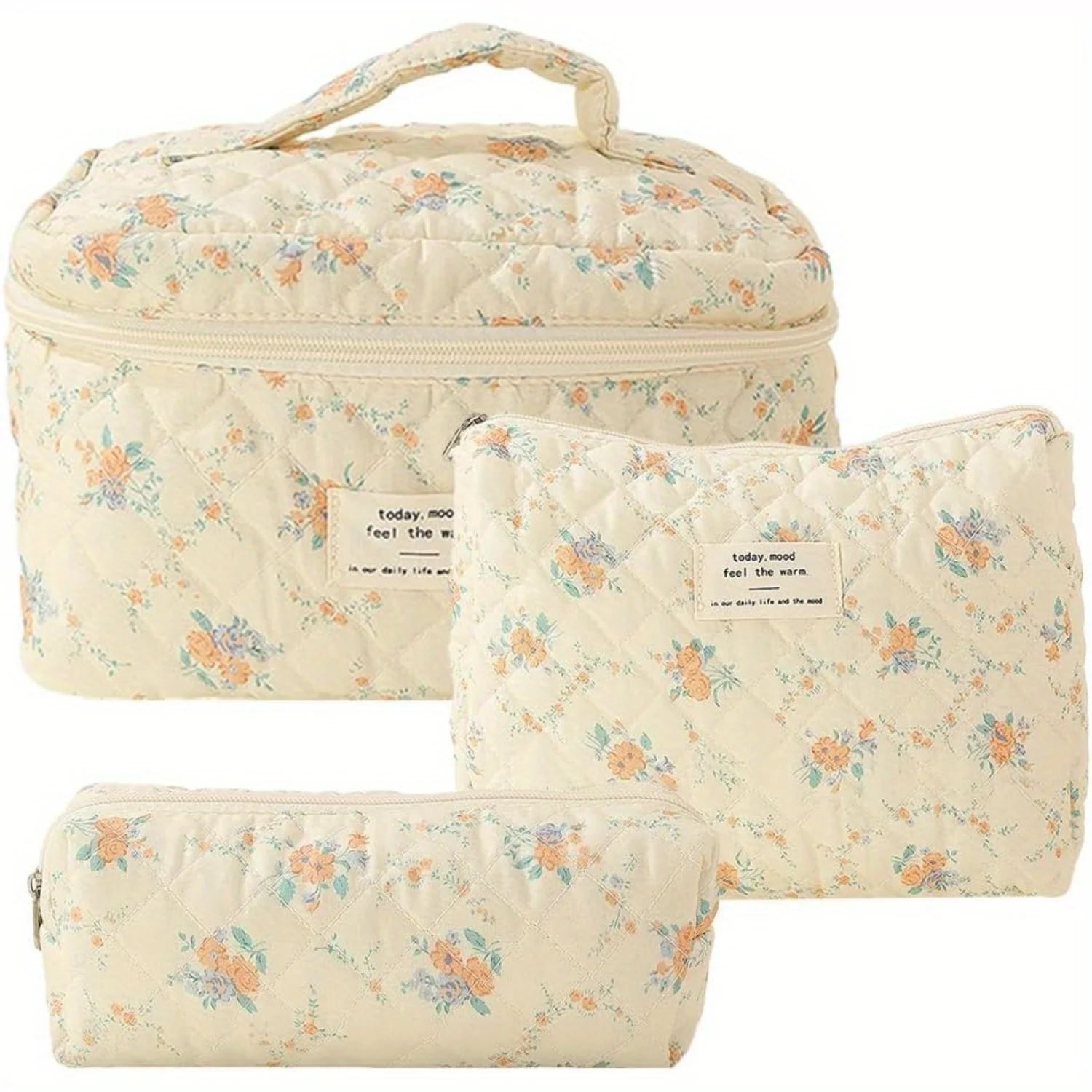 Cotton Quilted Makeup Bag Set Cute Makeup Bag Large Travel Cosmetic Bag Floral Makeup Pouch Aesthetic Toiletry Bag