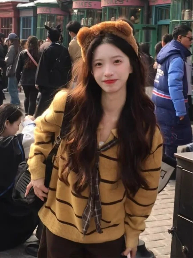 

Мягкий вязаный длинный свитер Sve Ne, женская осенне-зимняя нежная верхняя одежда, милый топ в полоску с внутренней стороны