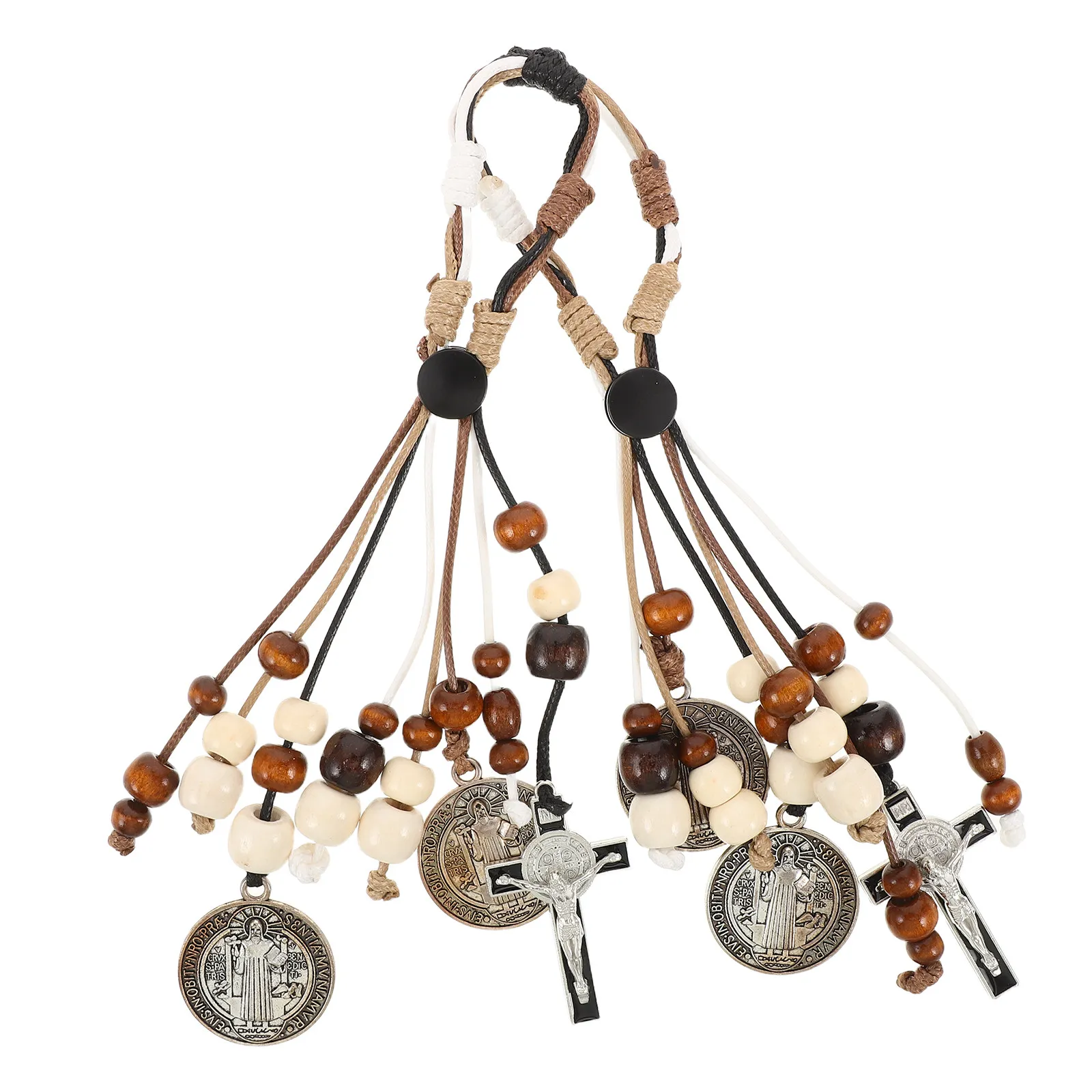 2Pcs Saint Benedict Cross Handmade Hanging Charm Natural Wood Bead Crucifix Catholic Car Rearview Mirror Home Door Rosary