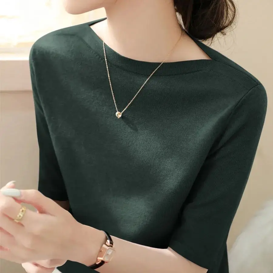 New Summer Mid-sleeve Knit French Sweater Top Slim Half-sleeved Straight Shoulder Collar Base Top Women