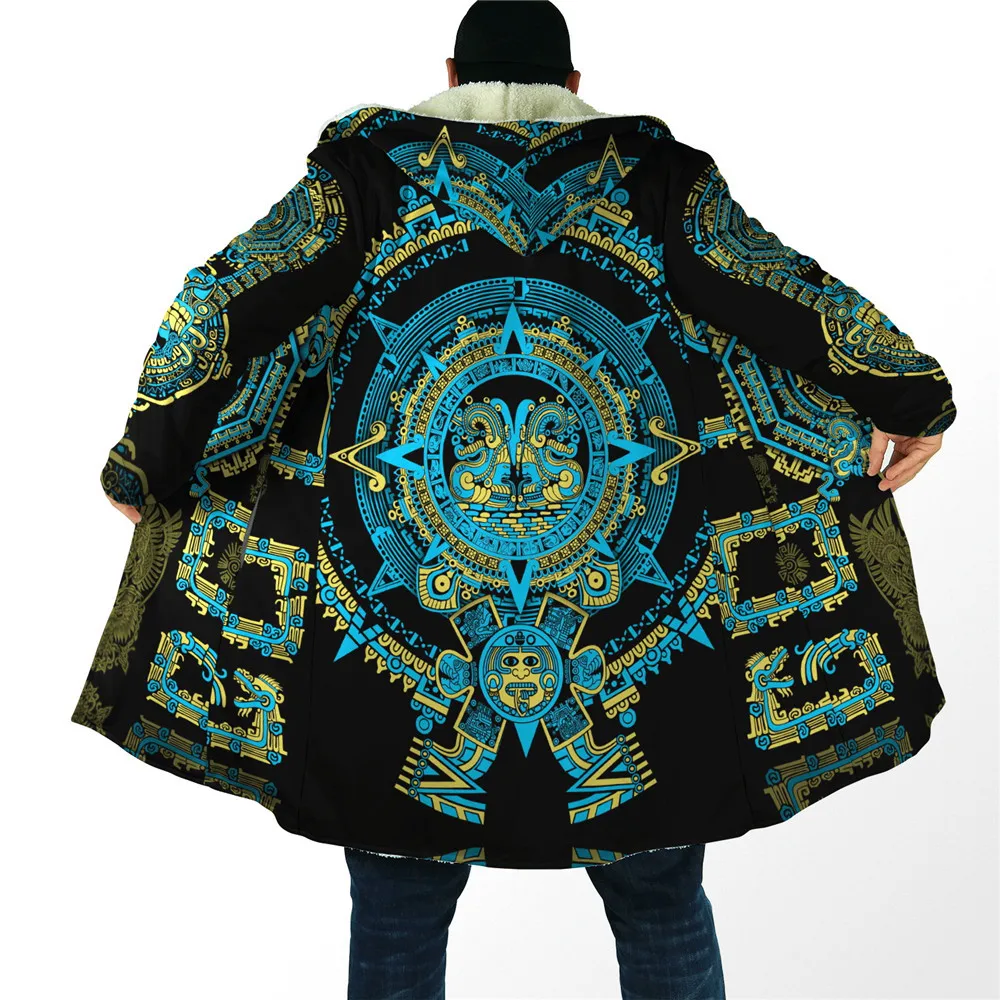 

HX Winter Mens Cloak Mexican Blue Aztec Pattern Thick Warm Hooded Cloak for Men 3D Printed Windproof Cape Hooded Blanket