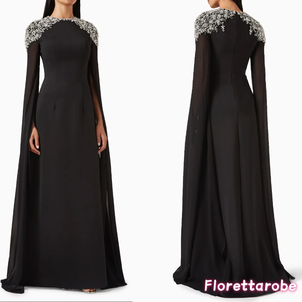 

Customized Round Neckline Long Cape Sleeves Shoulder Decals Sheath Satin Evening Dress Back Zipper Floor Length Gown For Women