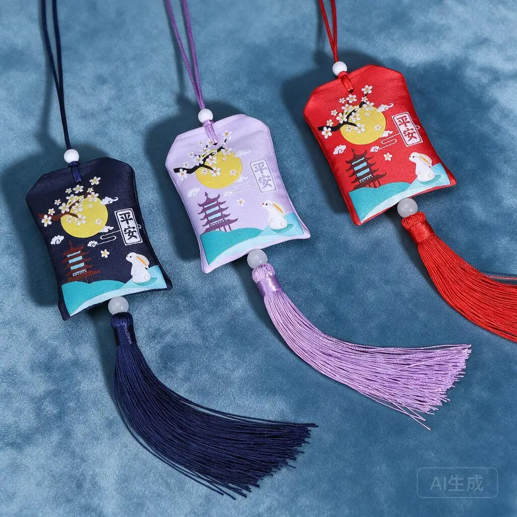 Chinese Traditional Mid Autumn Festival Moon Rabbit Embroidered Lucky Sachet Tassel Hanging Charm Empty Or Herb Fill Multicolor