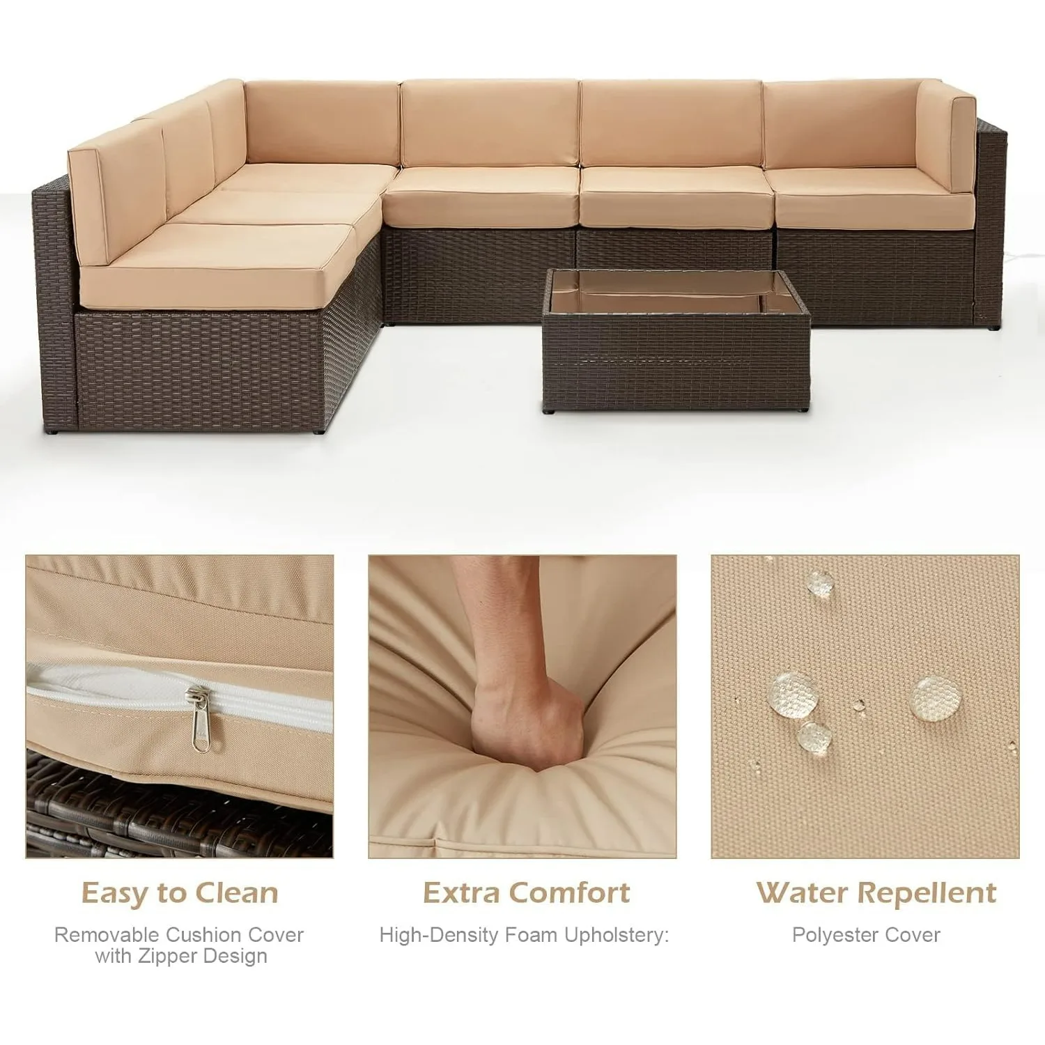 طقم أثاث للفناء الخارجي مكون من 7 قطع، طقم أريكة من الخيزران من PE، طقم كراسي أثاث خارجي مقطعي باللون البني #3