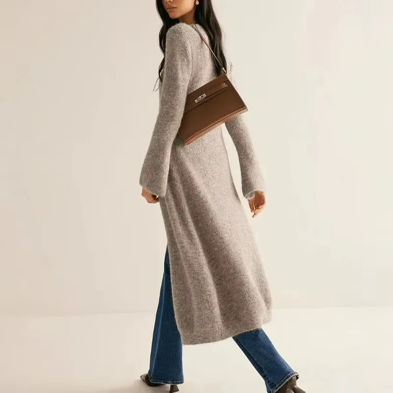 European American French Retro Long Sleeve Cardigan Knitted Sweater Slim Fit Mid Length