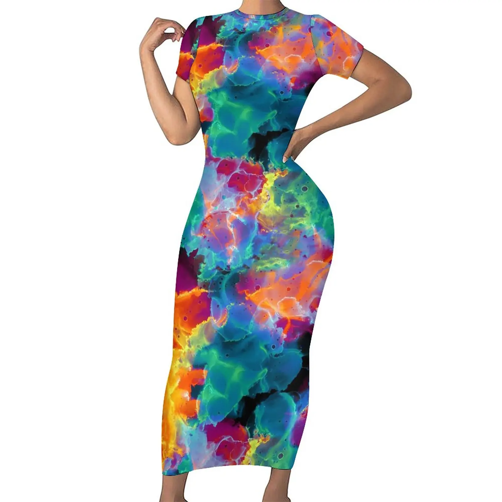 Colorful Rainbow Dress Short Sleeve Neon Abstract Print Sexy Maxi Dresses Summer Street Wear Pattern Bodycon Dress Big Size