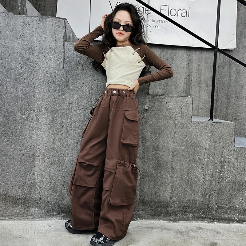 

Children Hip Hop Stage Dance Clothes Streetwear Teenage Girls Crop Tops Cargo Pants Tracksuit For Kids Jazz Costumes DQS15414