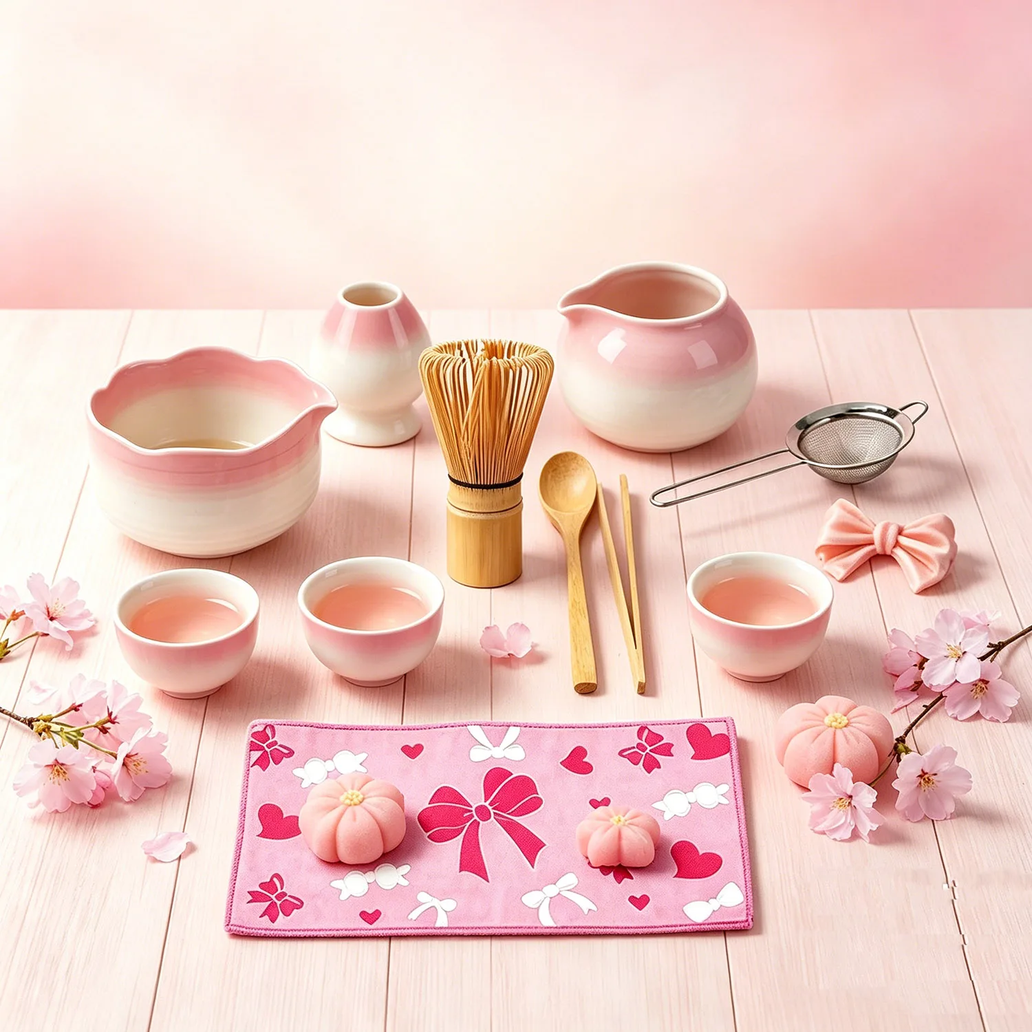 4/5/7-teiliges Matcha-Teeset mit rosa Farbverlauf und Blumenrand, japanisches Matcha-Set mit Teekanne mit Ausgießer, Bambusbesen, Sieb, Teelöffel und Teematte