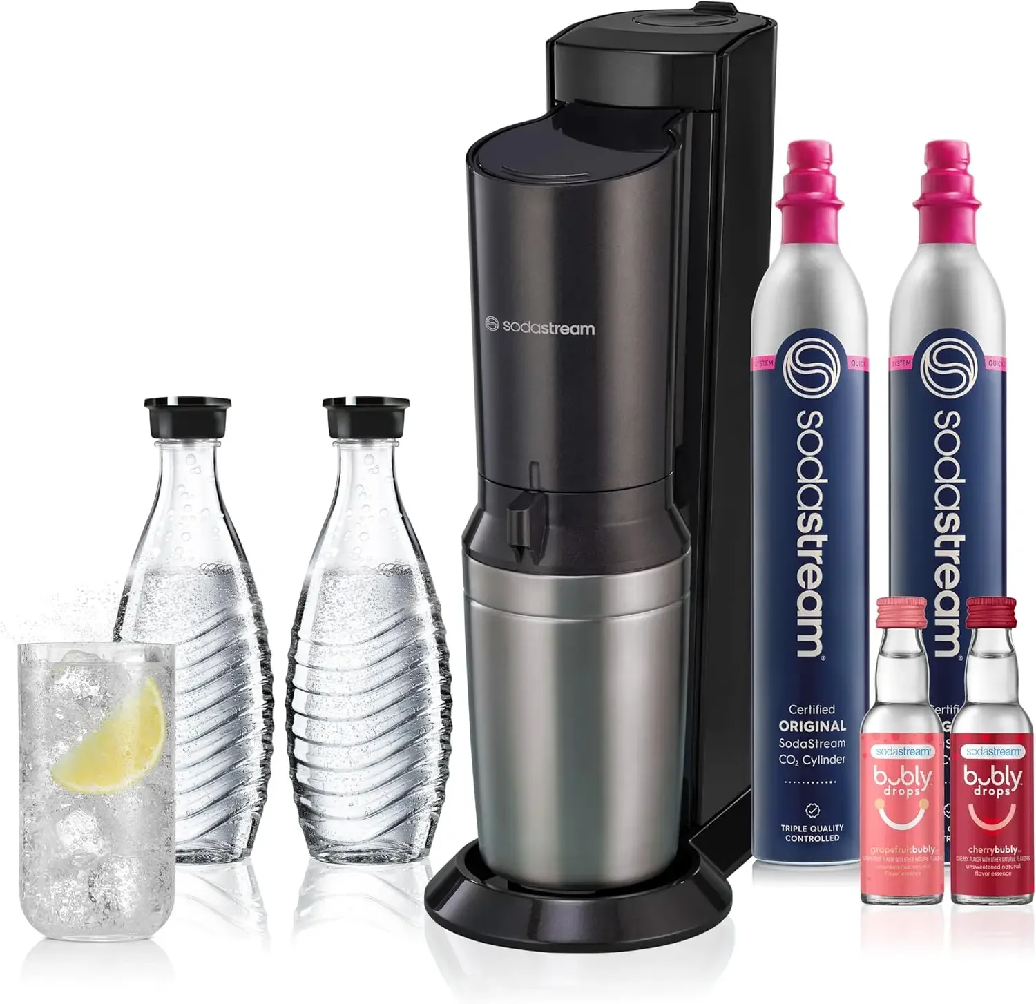 Aqua Fizz Sparkling Water Maker Bundle (Black), with Co2, Glass Carafes, & bubly drops Flavors