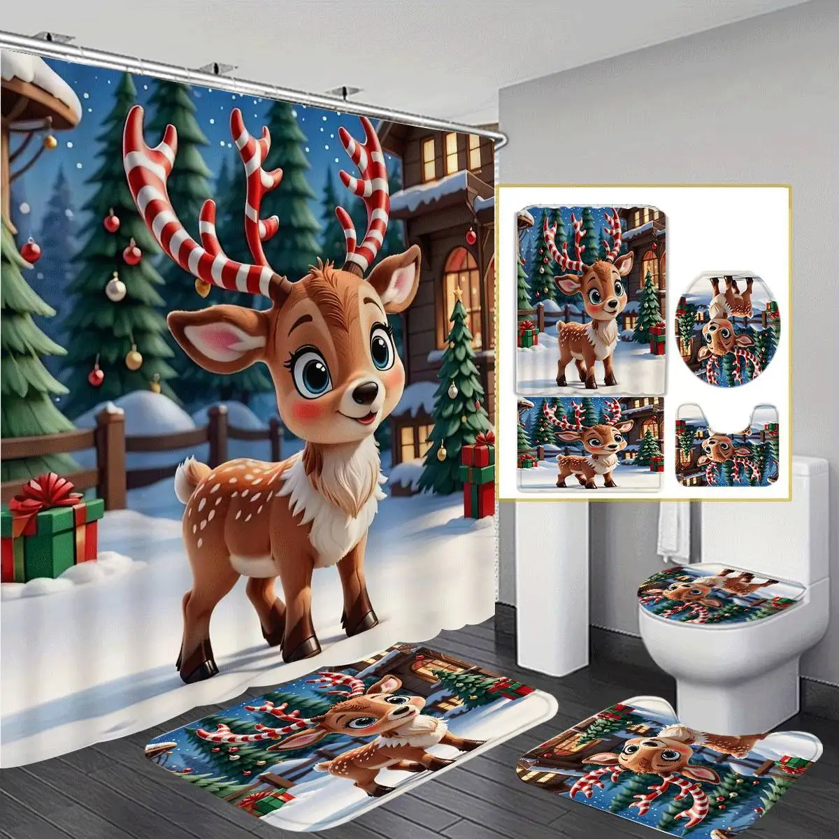 

Set Christmas Bathroom Decor, 4pcs Cartoon Deer Shower Curtain with 12 Hooks, Water-Resistant Polyester Knit Fabric, Non-Sli