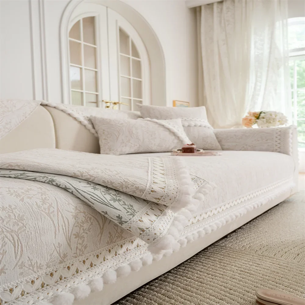 Französisches High-End-Sofakissen für alle Jahreszeiten, universell, 2025, neuer Einstieg, luxuriöses, rutschfestes Chenille-Kissen mit gerader Reihe, Sofabezug