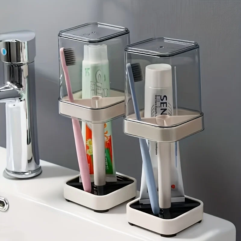 

Home Bath 1Pc Modern upgrade toothbrush holder set with mouthwash cup wall mounted couple storage box space saving design