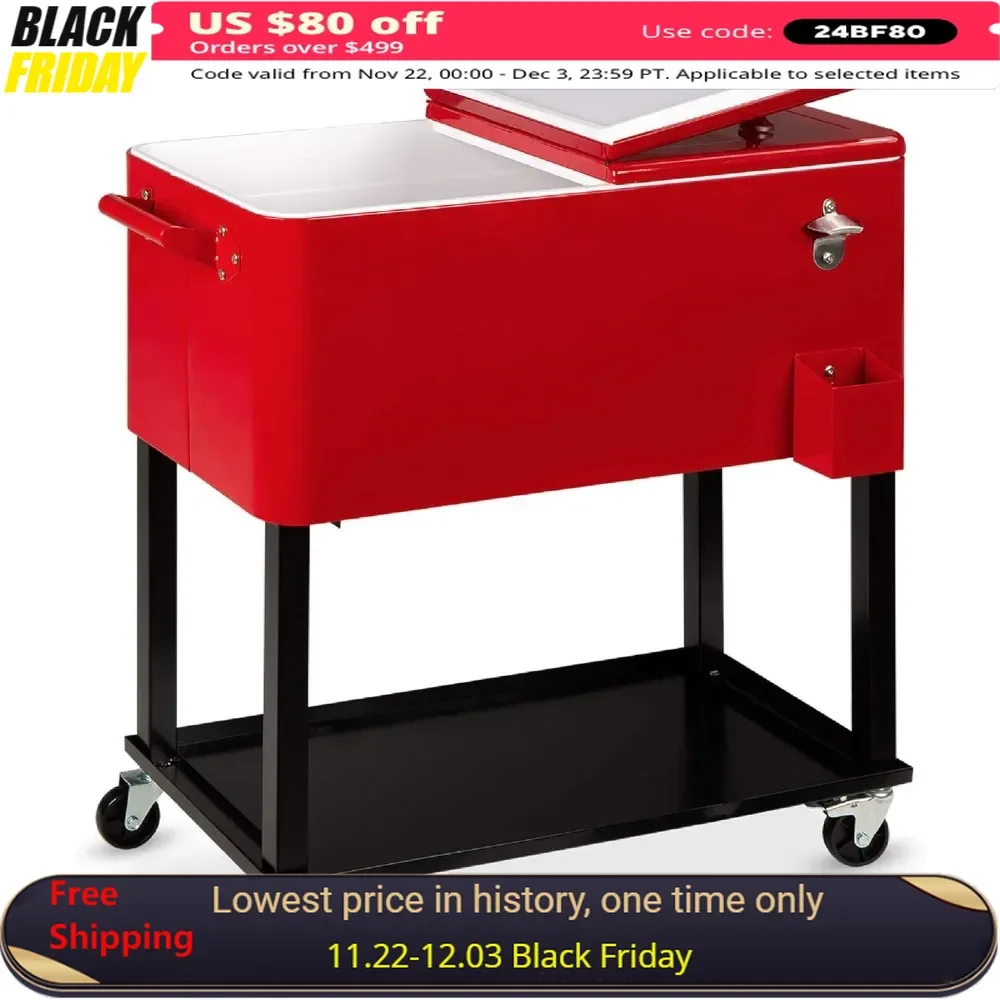 80-Quart Party Ice Cooler Table with Ices Chest, Bottle Opener, Catch Tray, Drain Plug and Locking Wheel, Steel Ice Cooler Table