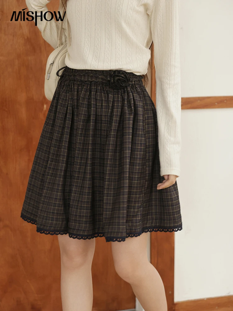 

MISHOW Green Plaid Short Skirt Autumn Handmade Flower Tie Brushed Fabric Skirt Elastic Waist Hem Splic Lace Skirts MXE44B2407
