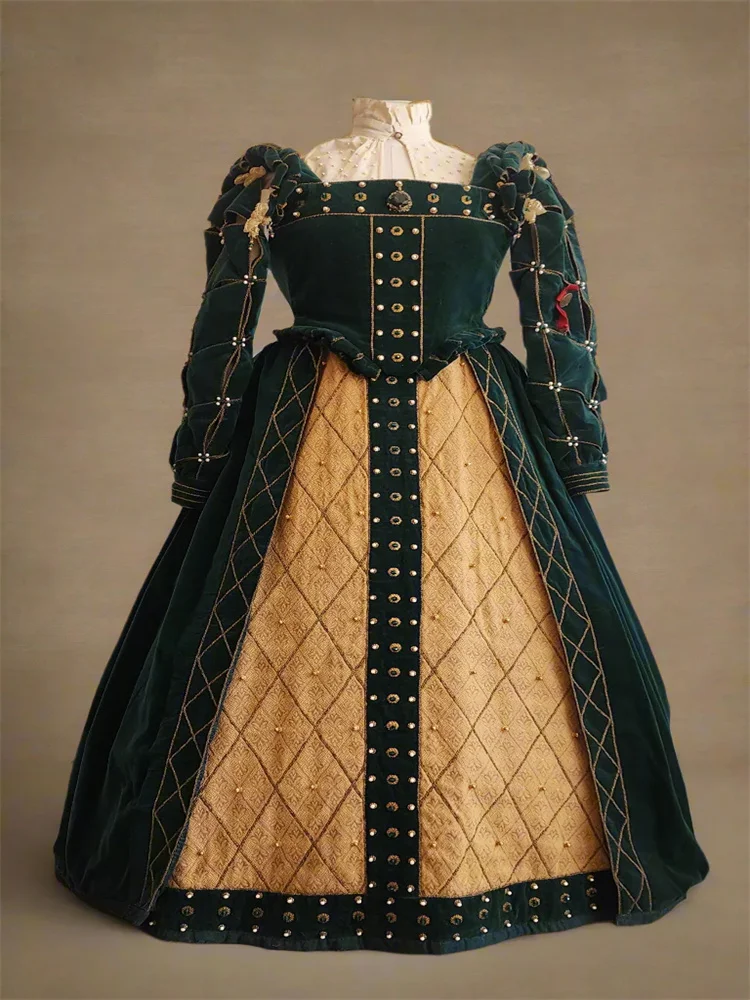Vestido de Baile de Corte Real Vintage Medieval Histórico, Disfraz de Reina Tudor Isabelina Verde del Renacimiento del Siglo XVI