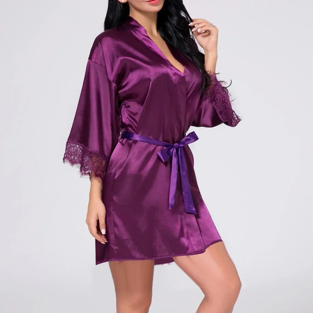 Women Sexy Silk Kimono Satin Dressing Gown Bath Robe Lace Lingerie Nightdress Nighties V-neck Nightdress Nightwear Nightshirt