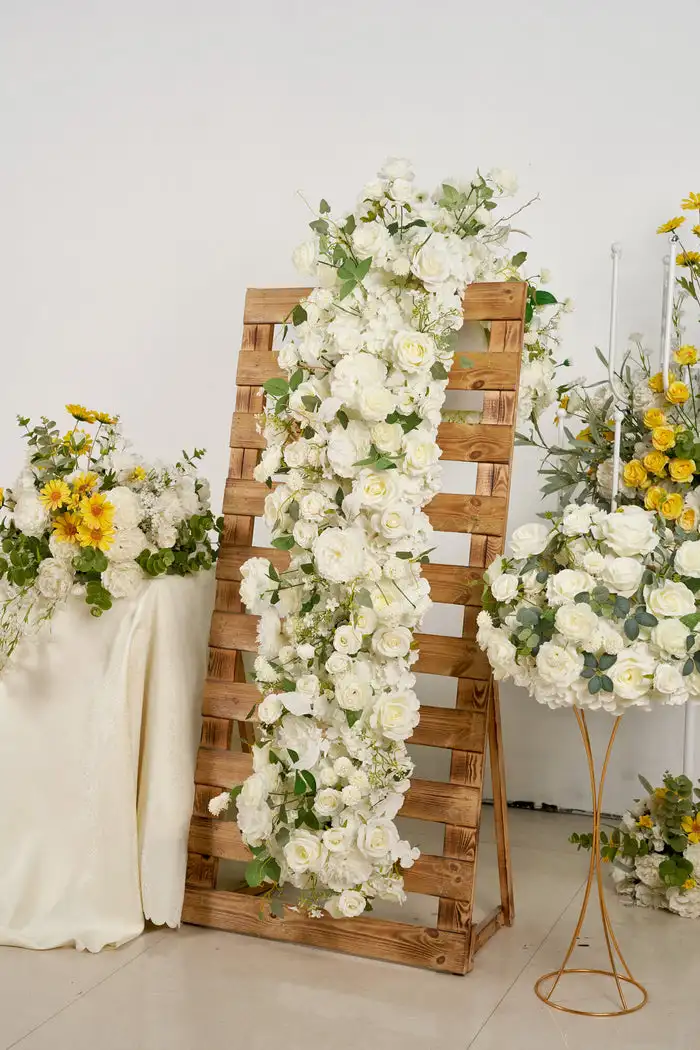 

Custom collection Luxury white Champagne Rose Hydrangea Green faux blend oblong floral row decoration for wedding events