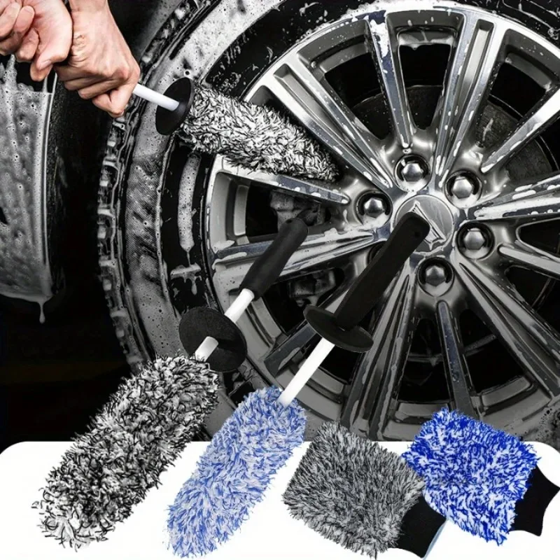 Ultraweiche Auto-Reinigungshandschuhe + Radbürste aus Ultrafaser und Radspeichenbürste für die Autowäsche