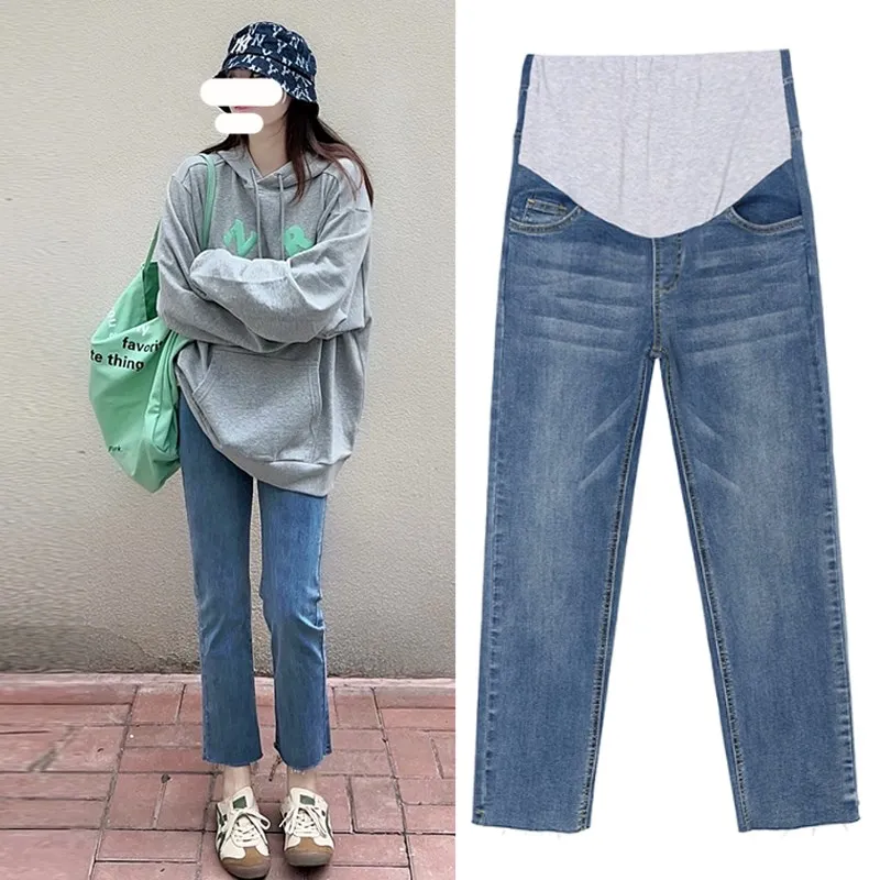 Calças Jeans de Maternidade de Perna Reta, Finas, para Primavera e Verão, Shorts de Denim para Mulheres Grávidas, Ajuste Confortável