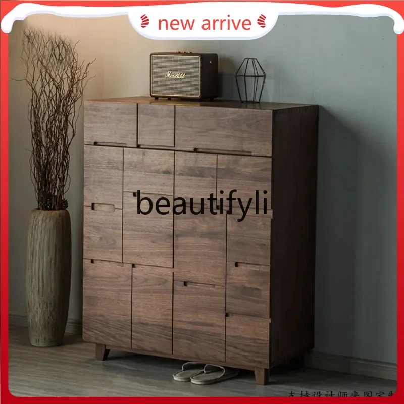 

D2520 Japanese-style black walnut all-solid wood shoe cabinet size apartment foyer cabinet household