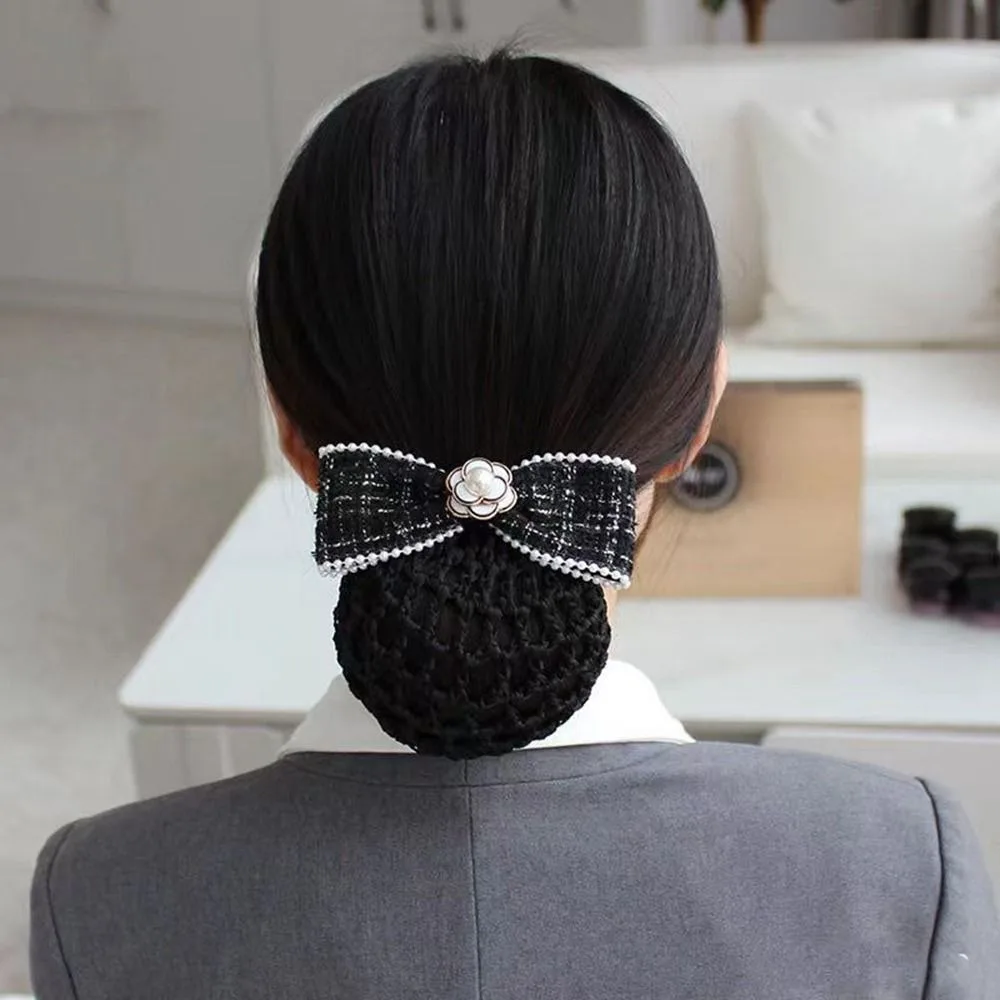 Professional Headdress Camellia Spring Clip For Women Hotel Stewardess Bank Bun Snood Hair Clip Cover Net Hairpin Hair Accessori