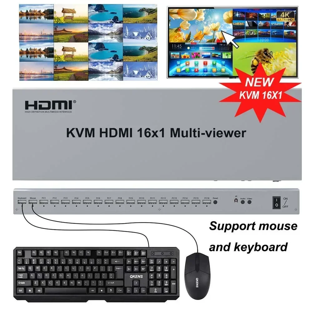 1080P USB KVM 16x1 HDMI Multi-viewer Support Mouse Keyboard Seamless Switch 16 Way Multiviewer Screen Divider on 1 TV Monitor