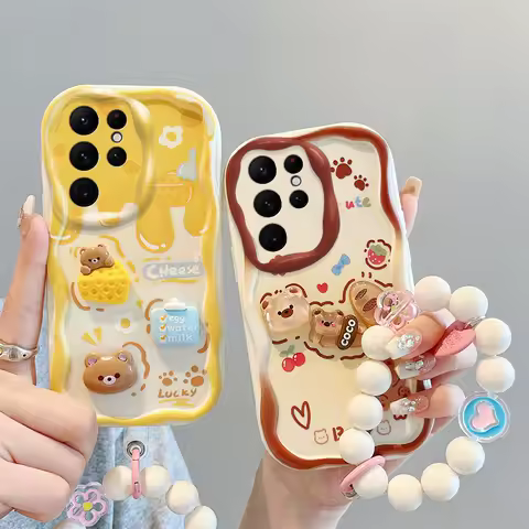Cartoon Cute 3D Bear Bracelet Wave Phone Case For Samsung Galaxy S24 Ultra S23 S22 S21 S20 FE A25 A54 A34 A24 3D Soft Back Cover