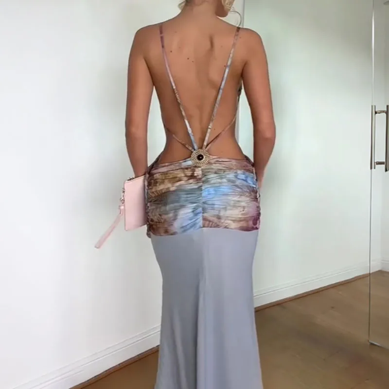 Elegant Printed Off Shoulder Pleated Dress Fashion Color Blocking Backless Splice Dress Sexy Suspender Waist Less Vacation Dress