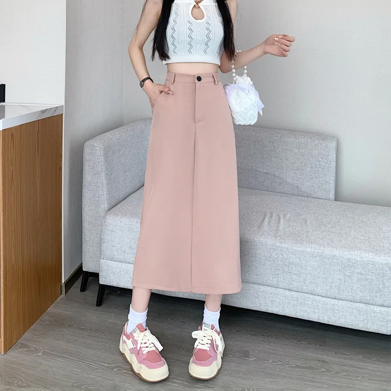 

Summer Skirts Women Korean Style Fashion High Waist A-line Skirt Solid Color Simplicity Package Hip Mid-calf Skirt Y2k Skirt