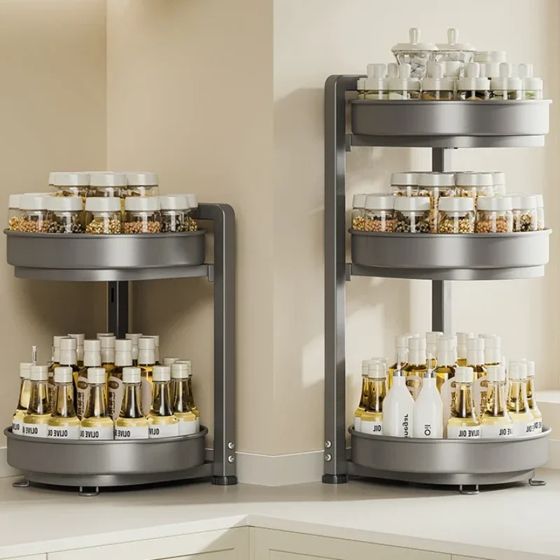 

360 degree rotating seasoning rack countertop corner organizer oil salt sauce vinegar storage solution kitchen essential